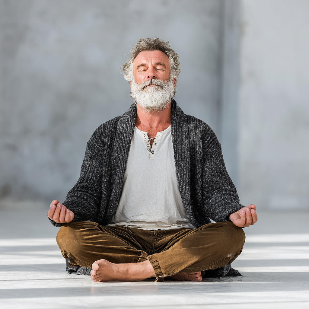 Чоловік 56 років сидить у медитативній позі з закритими очима, практикуючи глибоке дихання в тихій кімнаті